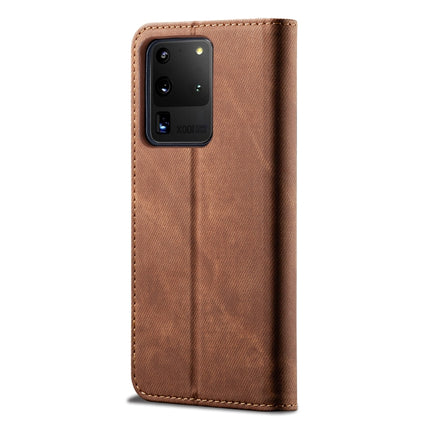For Galaxy S20 Ultra Denim Texture Casual Style Horizontal Flip Leather Case with Holder & Card Slots & Wallet(Brown)-garmade.com