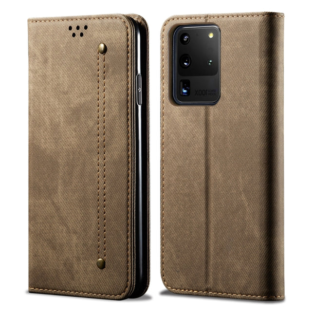 For Galaxy S20 Ultra Denim Texture Casual Style Horizontal Flip Leather Case with Holder & Card Slots & Wallet(Khaki)-garmade.com