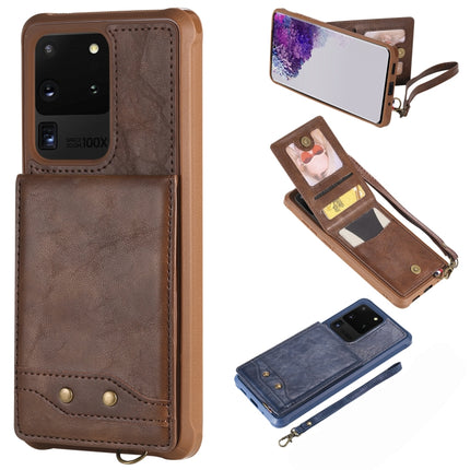 For Galaxy S20 Ultra Vertical Flip Shockproof Leather Protective Case with Short Rope, Support Card Slots & Bracket & Photo Holder & Wallet Function(Coffee)-garmade.com