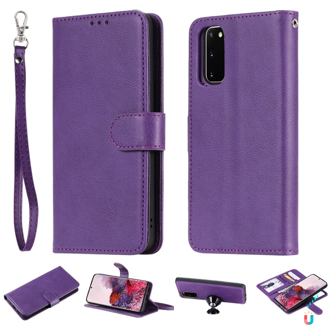For Galaxy S20 2 in 1 Solid Color Detachable PU Leather Case with Card Slots & Magnetic Holder & Photo Frame & Wallet & Strap(Purple)-garmade.com