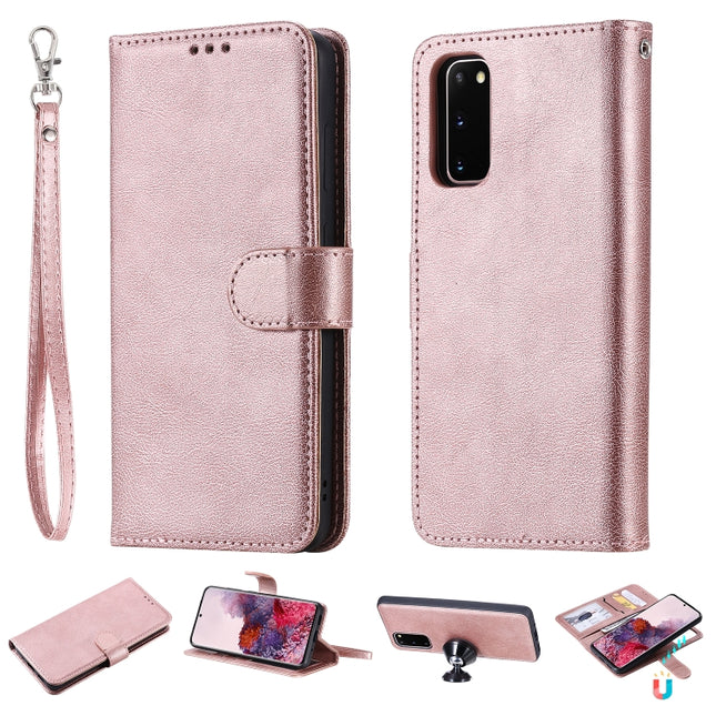 For Galaxy S20 2 in 1 Solid Color Detachable PU Leather Case with Card Slots & Magnetic Holder & Photo Frame & Wallet & Strap(Rose Gold)-garmade.com