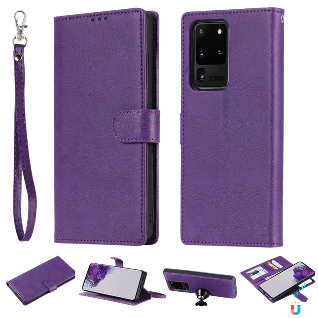 For Galaxy S20 Ultra 2 in 1 Solid Color Detachable PU Leather Case with Card Slots & Magnetic Holder & Photo Frame & Wallet & Strap(Purple)-garmade.com