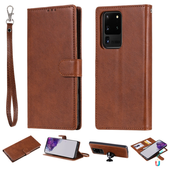 For Galaxy S20 Ultra 2 in 1 Solid Color Detachable PU Leather Case with Card Slots & Magnetic Holder & Photo Frame & Wallet & Strap(Brown)-garmade.com