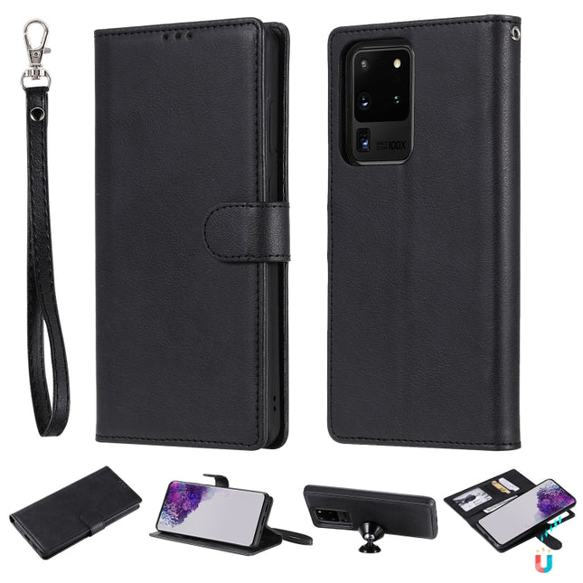 For Galaxy S20 Ultra 2 in 1 Solid Color Detachable PU Leather Case with Card Slots & Magnetic Holder & Photo Frame & Wallet & Strap(Black)-garmade.com