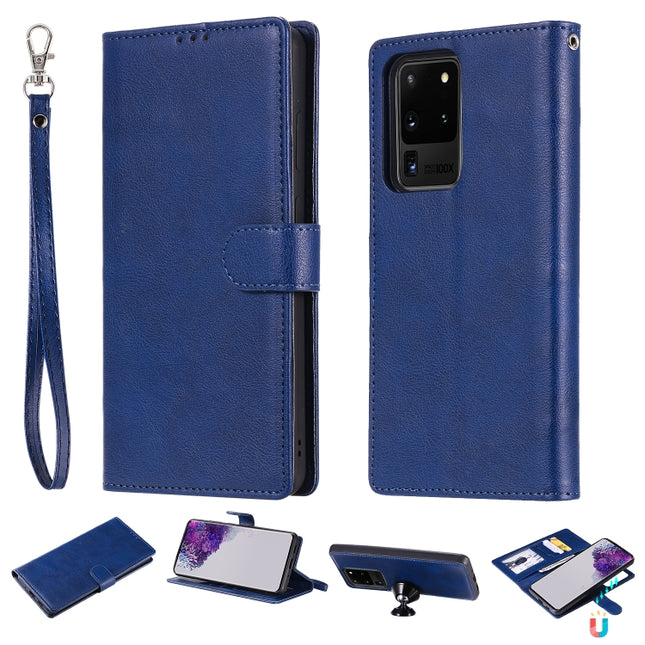For Galaxy S20 Ultra 2 in 1 Solid Color Detachable PU Leather Case with Card Slots & Magnetic Holder & Photo Frame & Wallet & Strap(Blue)-garmade.com