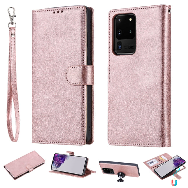 For Galaxy S20 Ultra 2 in 1 Solid Color Detachable PU Leather Case with Card Slots & Magnetic Holder & Photo Frame & Wallet & Strap(Rose Gold)-garmade.com