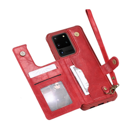For Galaxy S20 Ultra Shockproof Horizontal Flip Protective Case with Holder & Card Slots & Wallet & Photo Frame & Short + Long Lanyard(Red)-garmade.com