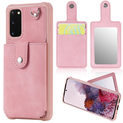 For Galaxy S20 Shockproof Protective Case with Mirror & Card Slot & Short Lanyard(Pink)-garmade.com