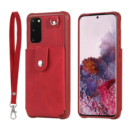 For Galaxy S20 Shockproof Protective Case with Mirror & Card Slot & Short Lanyard(Red)-garmade.com