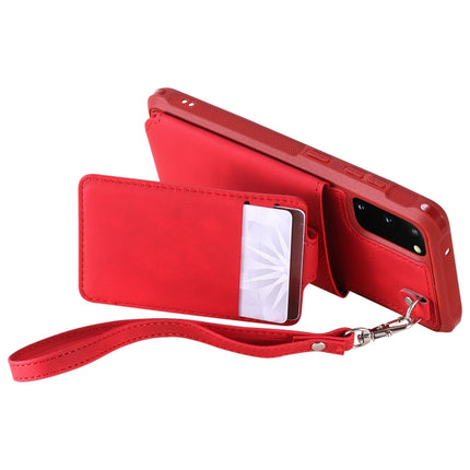 For Galaxy S20 Shockproof Protective Case with Mirror & Card Slot & Short Lanyard(Red)-garmade.com