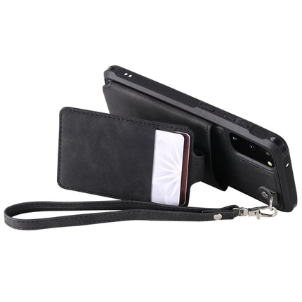 For Galaxy S20 Shockproof Protective Case with Mirror & Card Slot & Short Lanyard(Black)-garmade.com