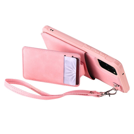 For Galaxy S20 Plus Shockproof Protective Case with Mirror & Card Slot & Short Lanyard(Pink)-garmade.com