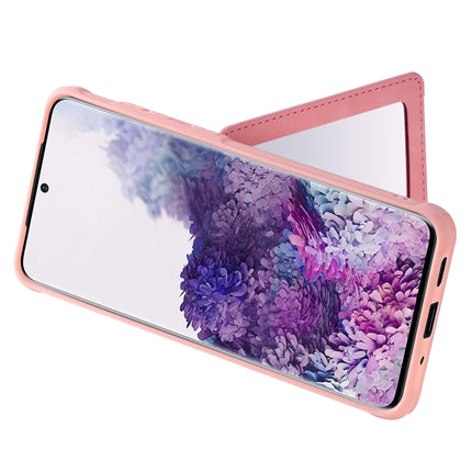 For Galaxy S20 Plus Shockproof Protective Case with Mirror & Card Slot & Short Lanyard(Pink)-garmade.com
