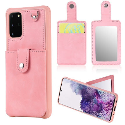 For Galaxy S20 Plus Shockproof Protective Case with Mirror & Card Slot & Short Lanyard(Pink)-garmade.com