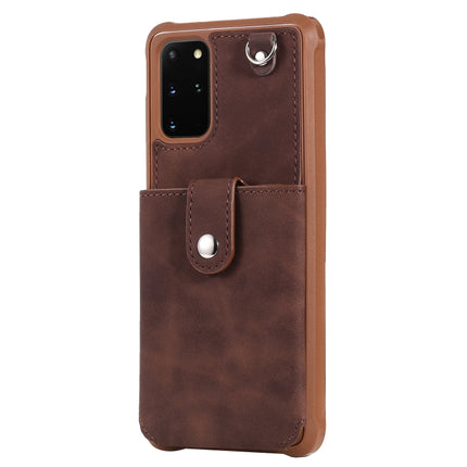 For Galaxy S20 Plus Shockproof Protective Case with Mirror & Card Slot & Short Lanyard(Coffee)-garmade.com