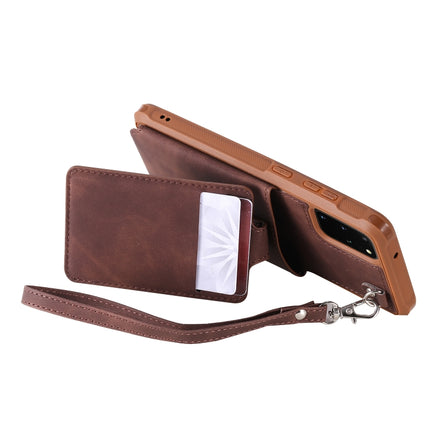 For Galaxy S20 Plus Shockproof Protective Case with Mirror & Card Slot & Short Lanyard(Coffee)-garmade.com