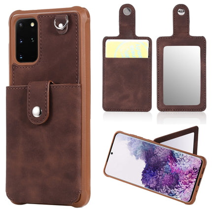 For Galaxy S20 Plus Shockproof Protective Case with Mirror & Card Slot & Short Lanyard(Coffee)-garmade.com
