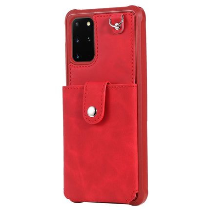 For Galaxy S20 Plus Shockproof Protective Case with Mirror & Card Slot & Short Lanyard(Red)-garmade.com