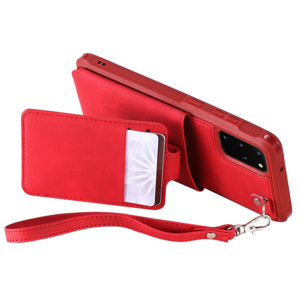 For Galaxy S20 Plus Shockproof Protective Case with Mirror & Card Slot & Short Lanyard(Red)-garmade.com