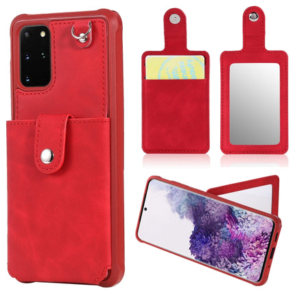 For Galaxy S20 Plus Shockproof Protective Case with Mirror & Card Slot & Short Lanyard(Red)-garmade.com