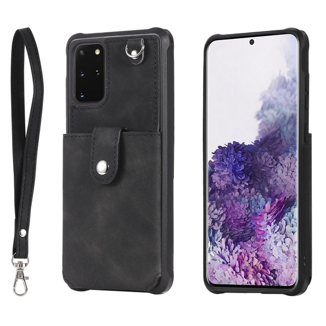 For Galaxy S20 Plus Shockproof Protective Case with Mirror & Card Slot & Short Lanyard(Black)-garmade.com