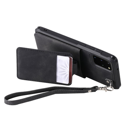 For Galaxy S20 Plus Shockproof Protective Case with Mirror & Card Slot & Short Lanyard(Black)-garmade.com