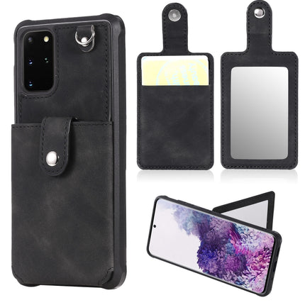 For Galaxy S20 Plus Shockproof Protective Case with Mirror & Card Slot & Short Lanyard(Black)-garmade.com