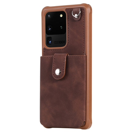 For Galaxy S20 Ultra Shockproof Protective Case with Mirror & Card Slot & Short Lanyard(Coffee)-garmade.com