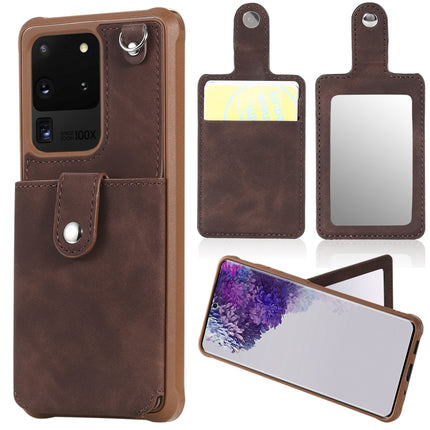 For Galaxy S20 Ultra Shockproof Protective Case with Mirror & Card Slot & Short Lanyard(Coffee)-garmade.com