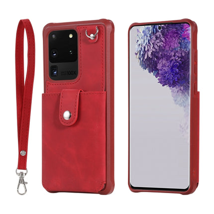 For Galaxy S20 Ultra Shockproof Protective Case with Mirror & Card Slot & Short Lanyard(Red)-garmade.com