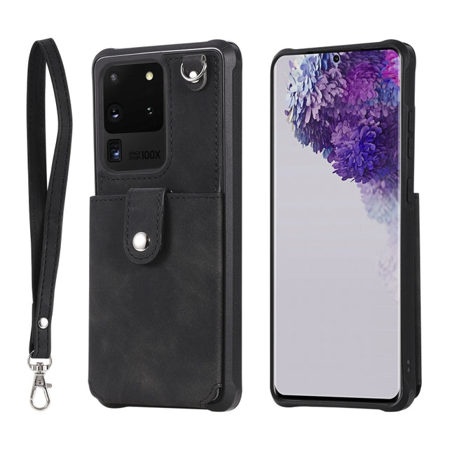 For Galaxy S20 Ultra Shockproof Protective Case with Mirror & Card Slot & Short Lanyard(Black)-garmade.com