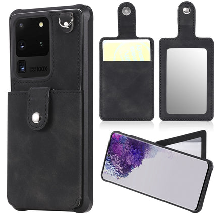 For Galaxy S20 Ultra Shockproof Protective Case with Mirror & Card Slot & Short Lanyard(Black)-garmade.com