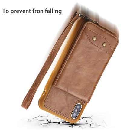For iPhone XS / X Vertical Flip Shockproof Leather Protective Case with Long Rope, Support Card Slots & Bracket & Photo Holder & Wallet Function(Coffee)-garmade.com