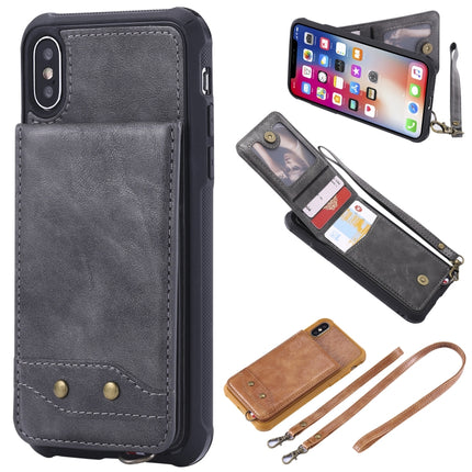 For iPhone XS / X Vertical Flip Shockproof Leather Protective Case with Long Rope, Support Card Slots & Bracket & Photo Holder & Wallet Function(Grey)-garmade.com