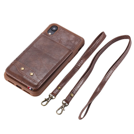 For iPhone XR Vertical Flip Shockproof Leather Protective Case with Long Rope, Support Card Slots & Bracket & Photo Holder & Wallet Function(Brown)-garmade.com