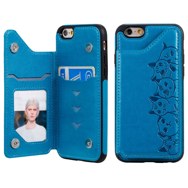 For iPhone 6 Six Cats Embossing Pattern Protective Case with Holder & Card Slots & Photo Frame(Blue)-garmade.com