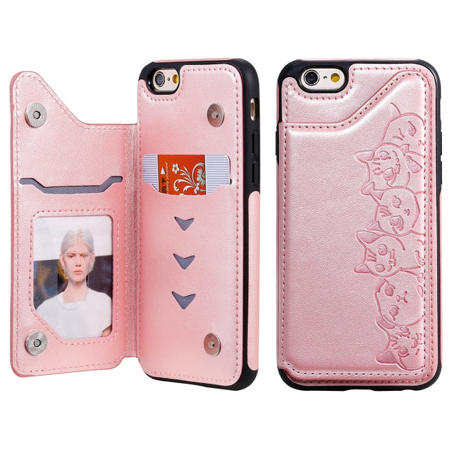 For iPhone 6 Six Cats Embossing Pattern Protective Case with Holder & Card Slots & Photo Frame(Rose Gold)-garmade.com