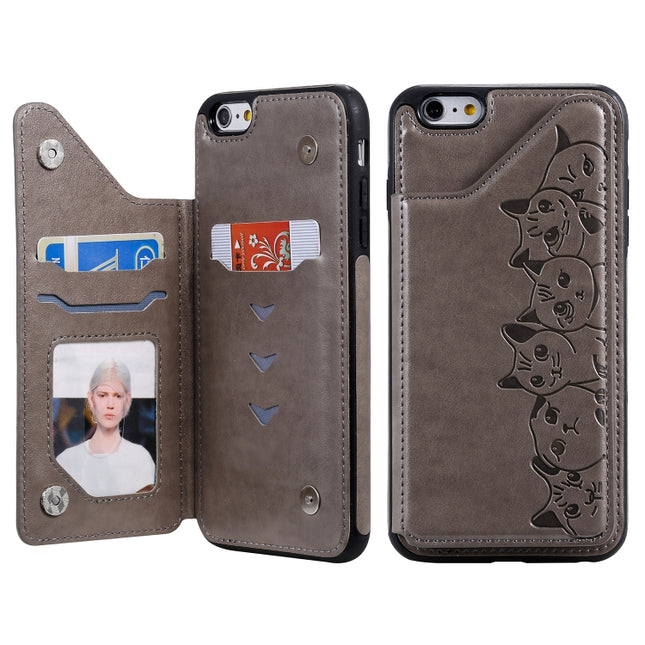 For iPhone 6 Plus Six Cats Embossing Pattern Protective Case with Holder & Card Slots & Photo Frame(Grey)-garmade.com