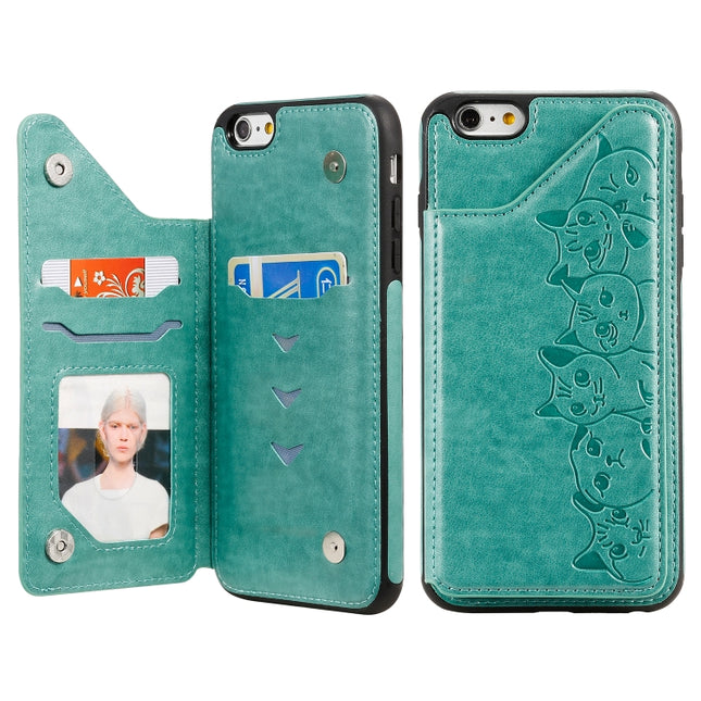 For iPhone 6 Plus Six Cats Embossing Pattern Protective Case with Holder & Card Slots & Photo Frame(Green)-garmade.com