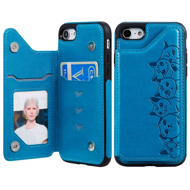 For iPhone 7 / 8 Six Cats Embossing Pattern Protective Case with Holder & Card Slots & Photo Frame(Blue)-garmade.com