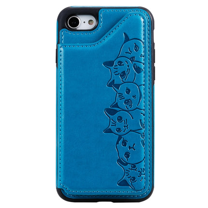 For iPhone 7 / 8 Six Cats Embossing Pattern Protective Case with Holder & Card Slots & Photo Frame(Blue)-garmade.com