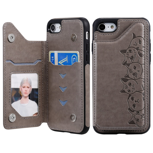 For iPhone 7 / 8 Six Cats Embossing Pattern Protective Case with Holder & Card Slots & Photo Frame(Grey)-garmade.com