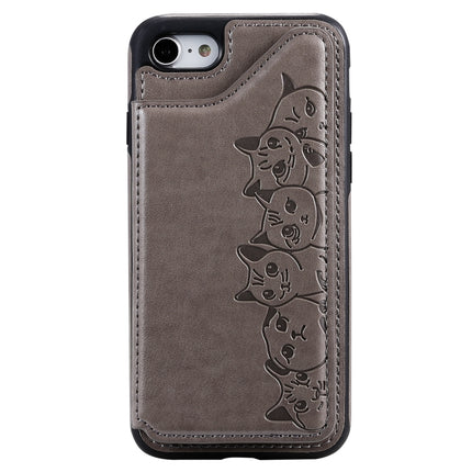 For iPhone 7 / 8 Six Cats Embossing Pattern Protective Case with Holder & Card Slots & Photo Frame(Grey)-garmade.com