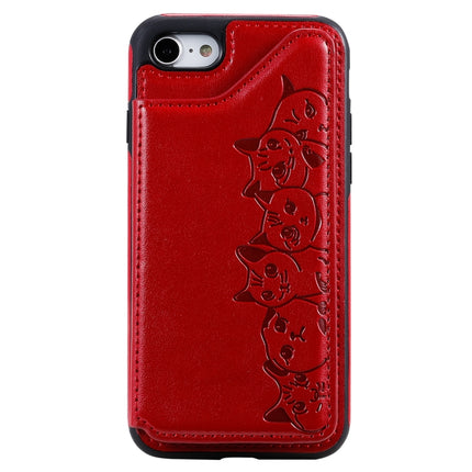 For iPhone 7 / 8 Six Cats Embossing Pattern Protective Case with Holder & Card Slots & Photo Frame(Red)-garmade.com