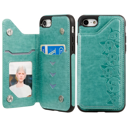 For iPhone 7 / 8 Six Cats Embossing Pattern Protective Case with Holder & Card Slots & Photo Frame(Green)-garmade.com