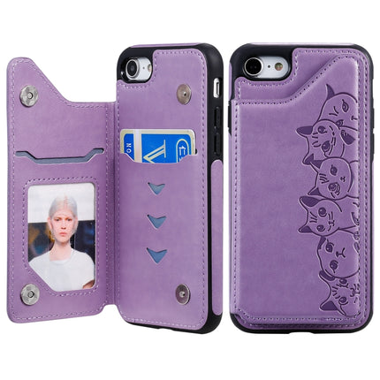 For iPhone 7 / 8 Six Cats Embossing Pattern Protective Case with Holder & Card Slots & Photo Frame(Purple)-garmade.com