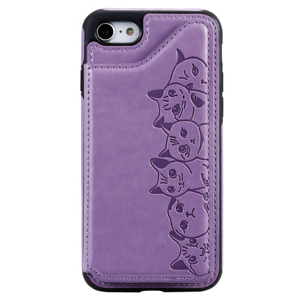 For iPhone 7 / 8 Six Cats Embossing Pattern Protective Case with Holder & Card Slots & Photo Frame(Purple)-garmade.com