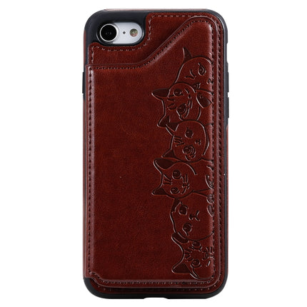 For iPhone 7 / 8 Six Cats Embossing Pattern Protective Case with Holder & Card Slots & Photo Frame(Brown)-garmade.com