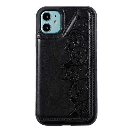 For iPhone 11 Six Cats Embossing Pattern Protective Case with Holder & Card Slots & Photo Frame(Black)-garmade.com