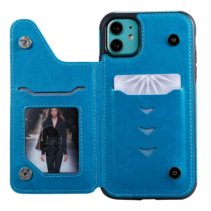 For iPhone 11 Six Cats Embossing Pattern Protective Case with Holder & Card Slots & Photo Frame(Blue)-garmade.com
